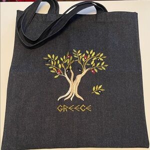 Greece Embroidered Olive Tree Denim Tote Bag - Never Used
